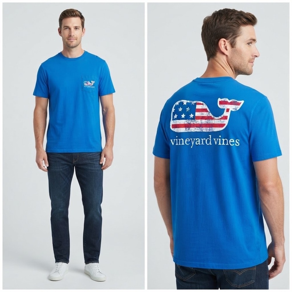 Vineyard Vines Men's Small T-Shirt Blue American Flag Whale Distressed Logo
